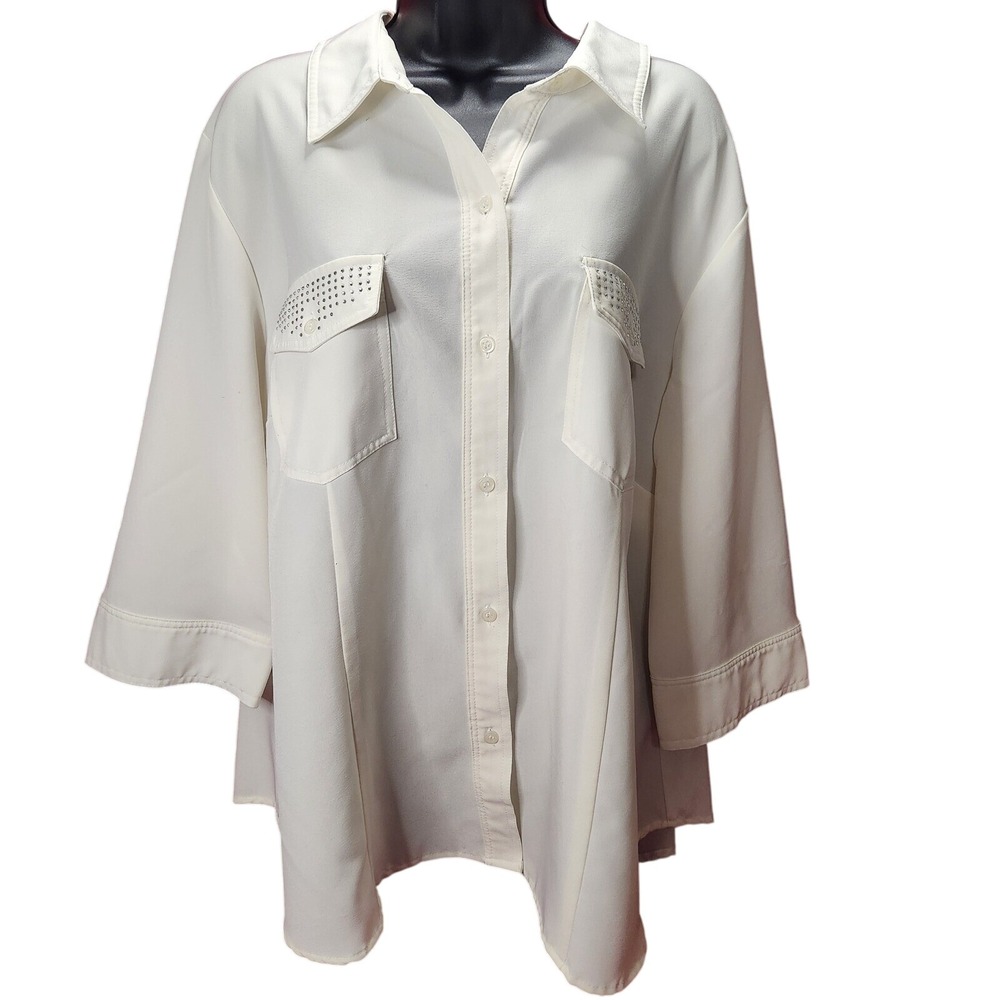 VTG Cathy Che Button-Up Top Blouse‎ Rhinestone Pockets 3/4 Sleeve 22/24W